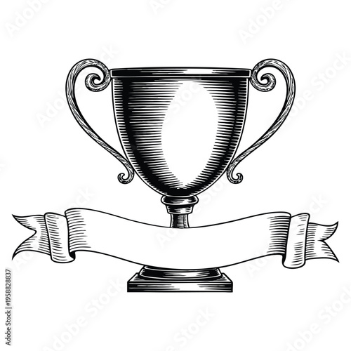 Vintage trophy cup with blank banner ribbon black and white outline line art drawing illustration award concept