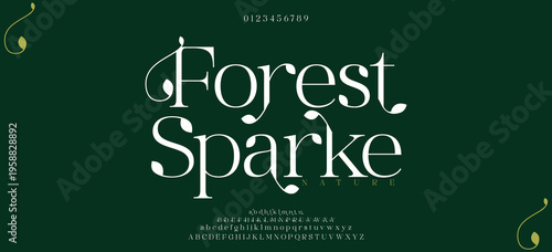 Forest Sparke premium luxury elegant alphabet letters and numbers. Elegant wedding typography classic serif font decorative vintage retro. Creative vector illustration