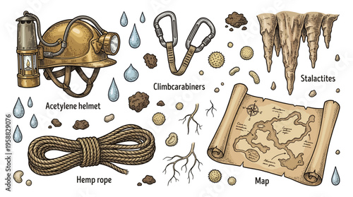 Vintage Caving and Speleology Equipment Vector Illustration Set with Mining Helmet, Rope, and Map