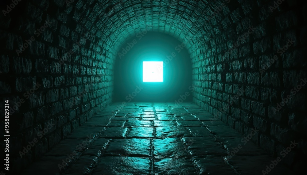 Fototapeta premium Dark brick tunnel with stone floor leads to bright square light. Mysterious eerie passage creates depth, perspective with geometric symmetry. Abandoned underground corridor glows.