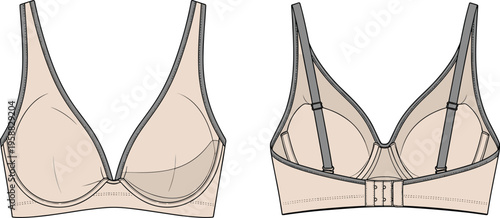 "Technical fashion flat drawing of molded cup bra design with underwire support, adjustable straps, hook-and-eye back closure for lingerie apparel illustration and garment construction pattern 