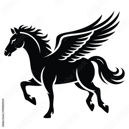 Winged horse Black Pegasus silhouette illustration suitable for fantasy mythology emblem  logo and magical themed artwork
