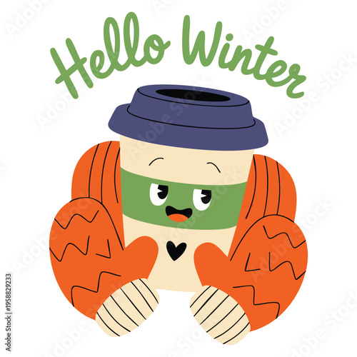 Winter greeting Hello Winter coffee sticker rendered as vector illustration, suitable for seasonal decoration and cozy beverage themed designs