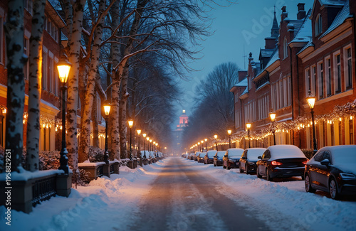 Snowy street lined with trees and lampposts. Buildings decorated with lights. Cars parked along the road covered in snow. Evening scene with warm glow.