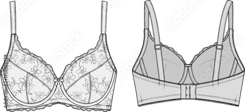"Technical fashion flat drawing of lace bra design with floral cup patterns, scalloped edges, center bow accent, adjustable straps, hook-and-eye back closure for lingerie apparel illustration"