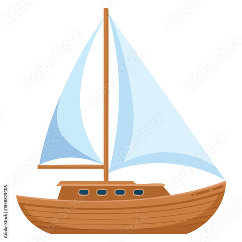 Wooden sailboat with white sail sailing on the water simple design perfect for sea travel vacation maritime theme and calm ocean scene artwork