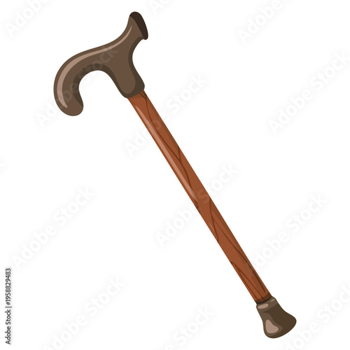 Wooden stick walking cane isolated on white background, cane for elderly old aged and disabled person support vector design