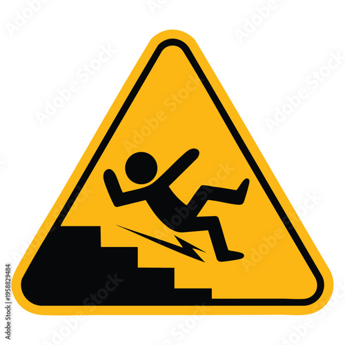 Workplace safety slippery stairs warning symbol yellow triangle with falling man stick figure vector illustration