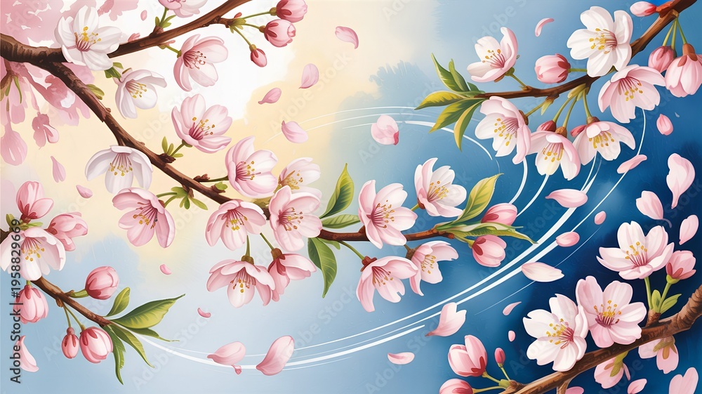 Fototapeta premium Beautiful sakura cherry blossoms in full bloom with petals flying in blue sky, symbolizing spring season, renewal, graduation, and fresh beginnings in a clean, romantic illustration style.