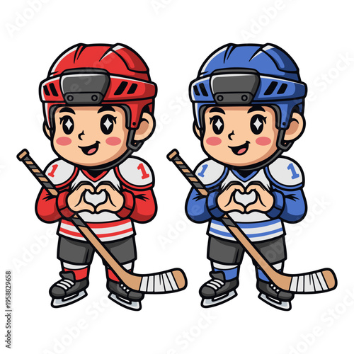 Cute Ice Hockey Player Making Heart Hand Gesture, Blue and Red Sports Cartoon Character