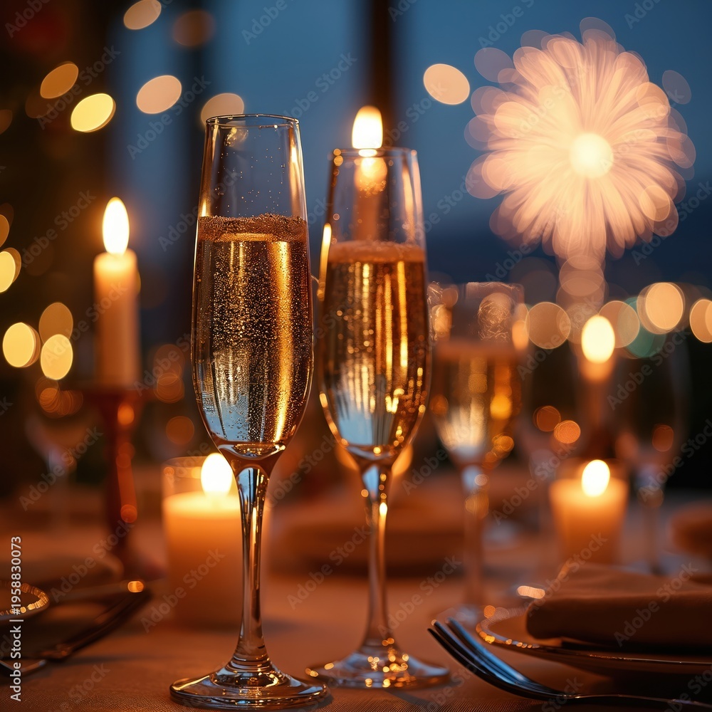 Fototapeta premium Two champagne flutes full of bubbly drink stand on a table set for dinner. Candles flicker softly with bokeh lights and fireworks exploding in night sky.