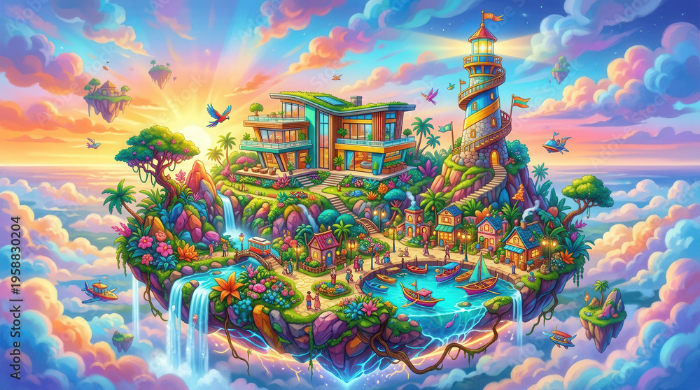 Obraz premium Vibrant Fantasy Island Scene with Waterfall, Sky Bridge, and Lush Gardens at Sunset