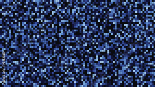 Digital pixel noise background in navy blue and black colors, abstract glitch art texture with square mosaic pattern, tech aesthetic data visualization vector for website headers