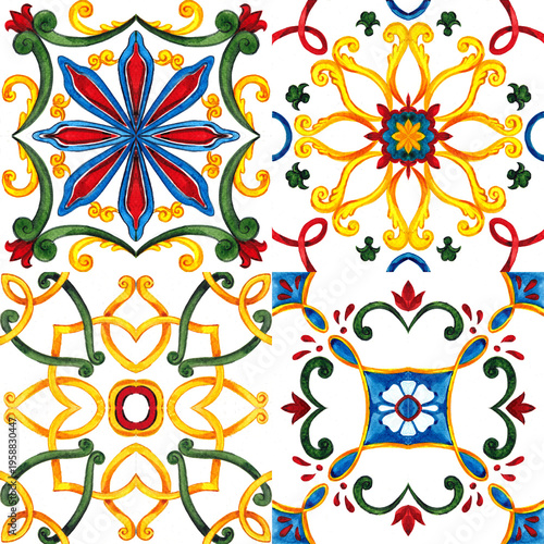 Seamless pattern with Italian majolica tiles, colorful motives and traditional ornament. Hand draw watercolor illustration