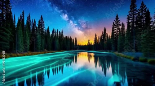 Serene river reflecting vibrant colors of sunset and starry sky  