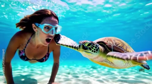 Young woman interacting with a sea turtle while snorkeling underwater  