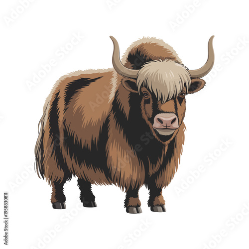 Scottish Highland bull with long shaggy hair and large curved horns standing in a natural setting
