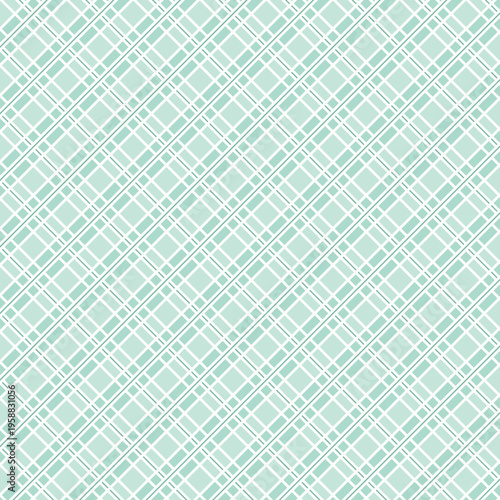 Mint green plaid pattern vector, seamless diagonal checkered background with white stripes, soft pastel geometric fabric texture for textile design and digital scrapbooking