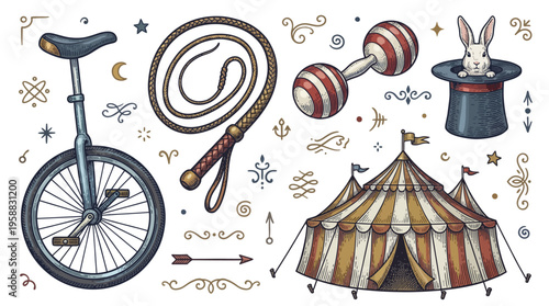 Vintage Circus Vector Illustration Collection Featuring Big Top Tent, Unicycle, Magician's Rabbit in a Hat, Bullwhip, and Antique Dumbbell
