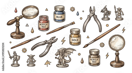 Miniature Painting and Model Hobby Tools Vector Illustration Set with Fantasy Figures, Paints, and Brushes