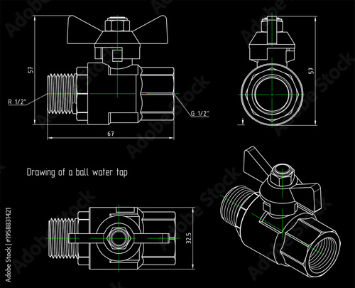 Vector ball water tap with thread. Engineering mechanical 
educational drawing of steel 
part with dimension line. Industrial design 
on paper sheet. Technology hand drawn schematic diagram.