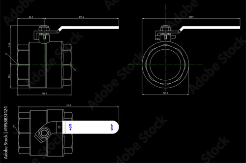 Vector ball water tap with thread. Engineering mechanical educational drawing of steel 
part with dimension line. Industrial design 
on paper sheet. Technology hand drawn schematic diagram.