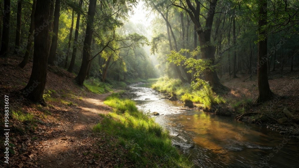 Obraz premium Sunlit river in dense woodland with rays of light and grassy banks for tranquil nature background, serene wallpaper and outdoor landscape poster