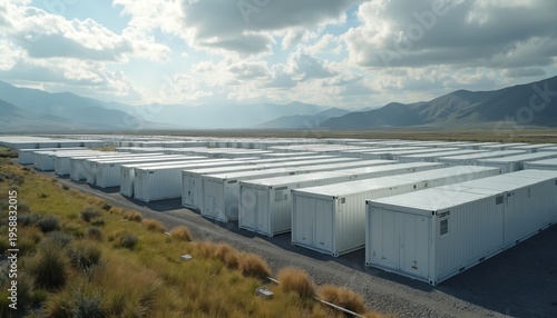 Rows of modern white battery containers store energy from renewable sources. This large scale power facility sits in a dry landscape with distant mountains under a cloudy sky.