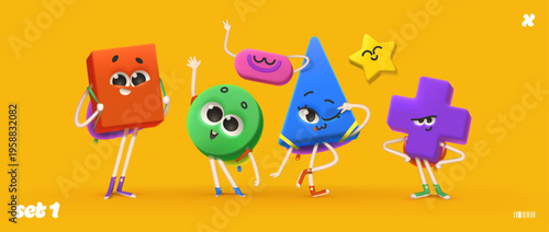 Shape 3d Face Figure in A Circle for A Cartoon Character. A Cute, Geometric Icon with Triangle and Square Elements for A Modern Design. A Happy, Abstract Set of Kid-Friendly Stickers.