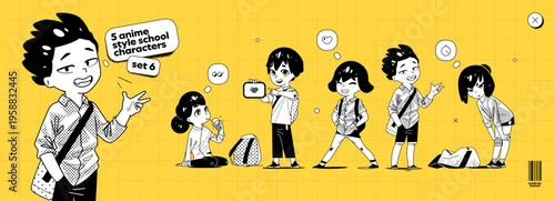 School Children Comic Student Manga Character with Anime Girl for Education. Cute Child Kid Cartoon Boy in Playful Running Scene with Writing Pencil Picture Backpack. Primary Kindergarten Challenge.