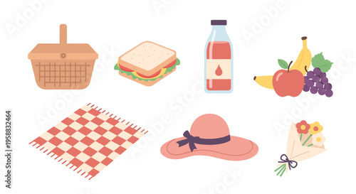 A colorful icon set of picnic items on a blanket outdoors