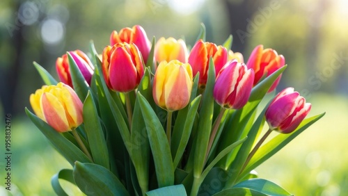 Fresh tulip bouquet with red yellow and pink blooms in soft outdoor light for spring background and floral wallpaper design