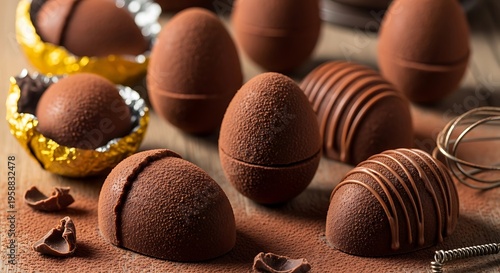 Chocolate Easter Delights: A close-up shot of delectable chocolate Easter eggs, each uniquely crafted, arranged on a surface dusted with cocoa powder, hinting at rich flavors and festive celebration.