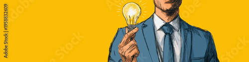 Businessman reaching for a glowing light bulb, symbolizing new ideas and innovation. Businessman holding light bulb representing creative idea