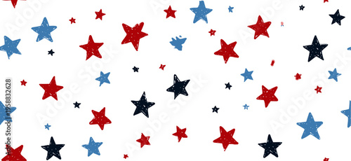 Red and blue stars forming a cheerful, seamless American flag inspired pattern. USA colors star pattern creating a patriotic background