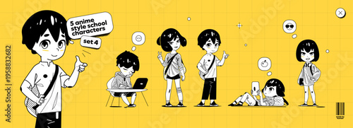 School Children Comic Character with Girl Anime and Child Animation for Education, Featuring A Cute Kid Cartoon Manga Student in A Playful Set. A Happy Vector Illustration of Primary Kids 