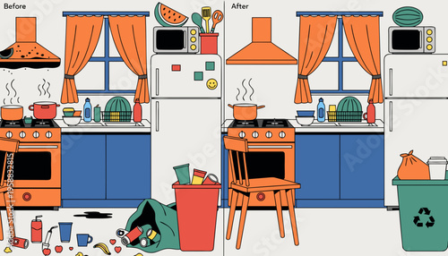 Kitchen spring cleaning illustration showing before and after scenes with cluttered and organized spaces, featuring appliances, utensils, and waste disposal elements
