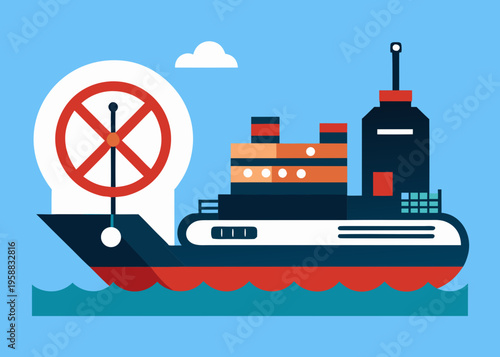 Illustration of an oil tanker with a prohibition symbol, representing the hijacking of oil tankers during sanctions, set against a blue sky and ocean backdrop