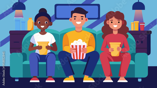 Three diverse friends sitting on a couch enjoying popcorn and drinks while watching a movie in a cozy living room setting with colorful decor and soft lighting