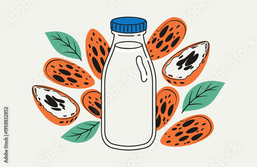 Glass bottle of almond milk surrounded by almonds and green leaves on a light background, showcasing a healthy beverage option for plant-based diets