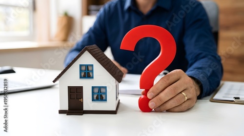 Man holding a red question mark next to a model house on a desk, symbolizing real estate questions and property decisions.