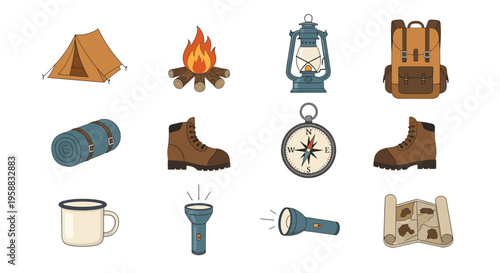 Camping icon set features essential outdoor gear and tools for wilderness adventure.