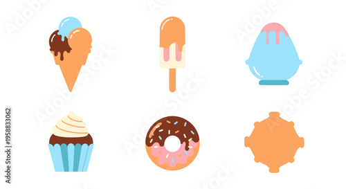 Colorful icon set of sweet treats on white background for design