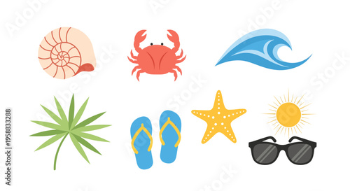 Beach icon set features a nautilus shell, crab, wave, palm tree, flip flops, starfish, sunglasses, and sun.