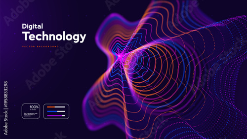 Abstract Technology Background With Colorful Neon Waves And Dynamic Particle Lines. Big Data Flow And Digital Network Concept. Technology Innovations And Data Systems. Vector Illustration.