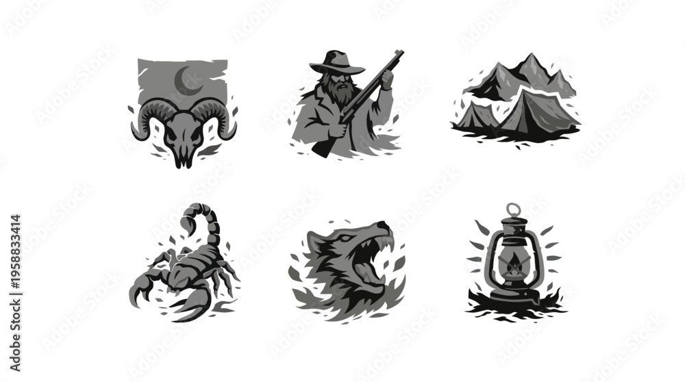 Fototapeta premium Flat view of six black‑and‑white tattoo illustrations showing a fleur‑de‑lis, a man with rifle, a mountain, a scorpion and a lantern