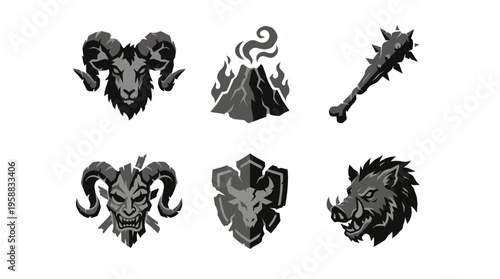 Close‑up view of six mythic symbols arranged in two rows on a plain surface, featuring a ram head, volcano, spiked club, goat, shield and lion