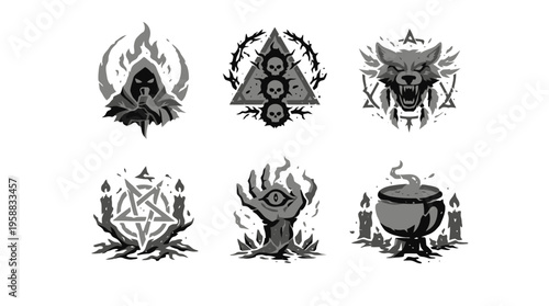 Dark mystical illustration set featuring skull, pentagram, flames, hand with clock, and mug arranged on plain white backdrop, viewed straight on