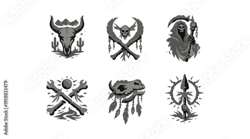 Showcasing Six Black‑And‑White Tattoo Designs Featuring Skull, Tomahawk, Bird, Frog, and Flame Motifs on White Canvas - Front View