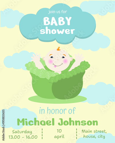 Baby shower invitation with a cute cabbage patch baby